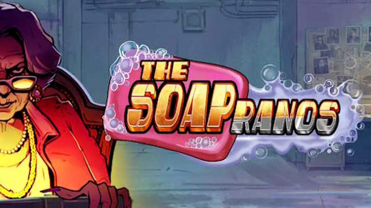 Tampilan visual slot Soapranos dengan elemen neon dan simbol yang dinamis