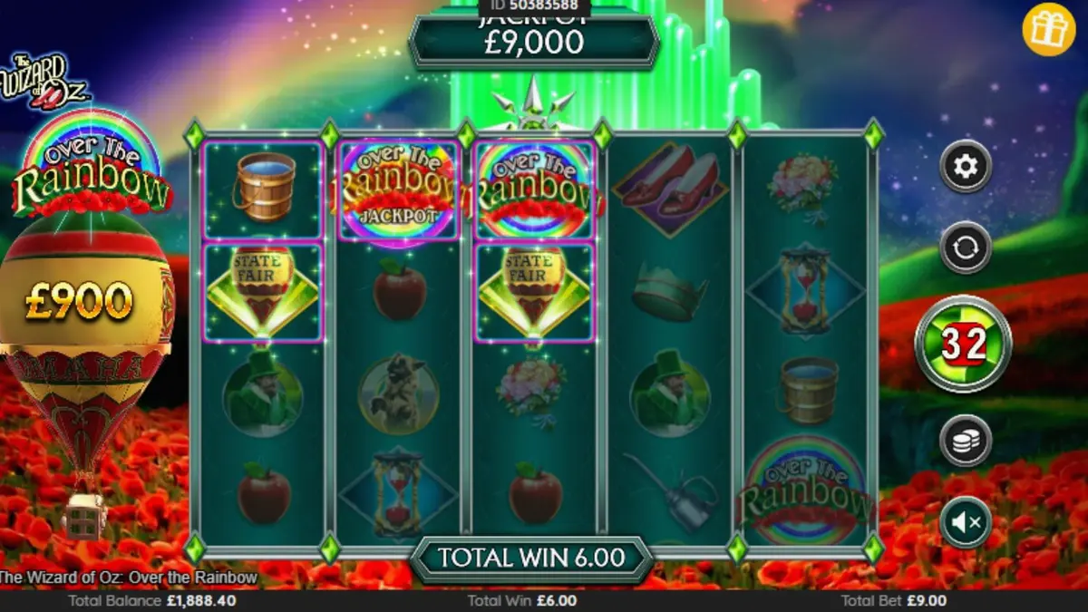 Tampilan visual penuh warna dari slot The Wizard of Oz: Over the Rainbow dengan elemen ikonik seperti jalan bata kuning dan karakter klasik.