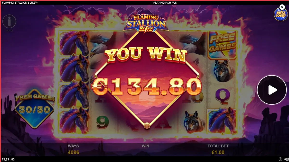 Tampilan visual Flaming Stallion Blitz dengan latar belakang gurun dan simbol kuda api.
