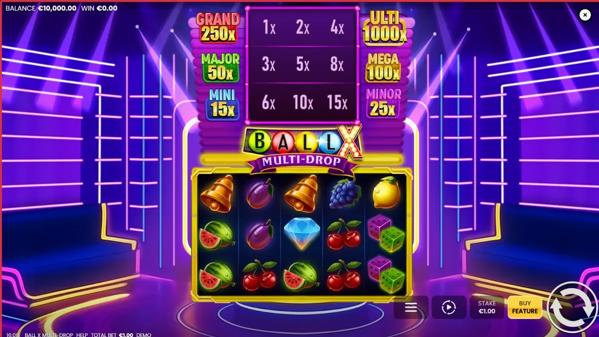 Tampilan visual neon retro dari slot Ball X Multi-Drop